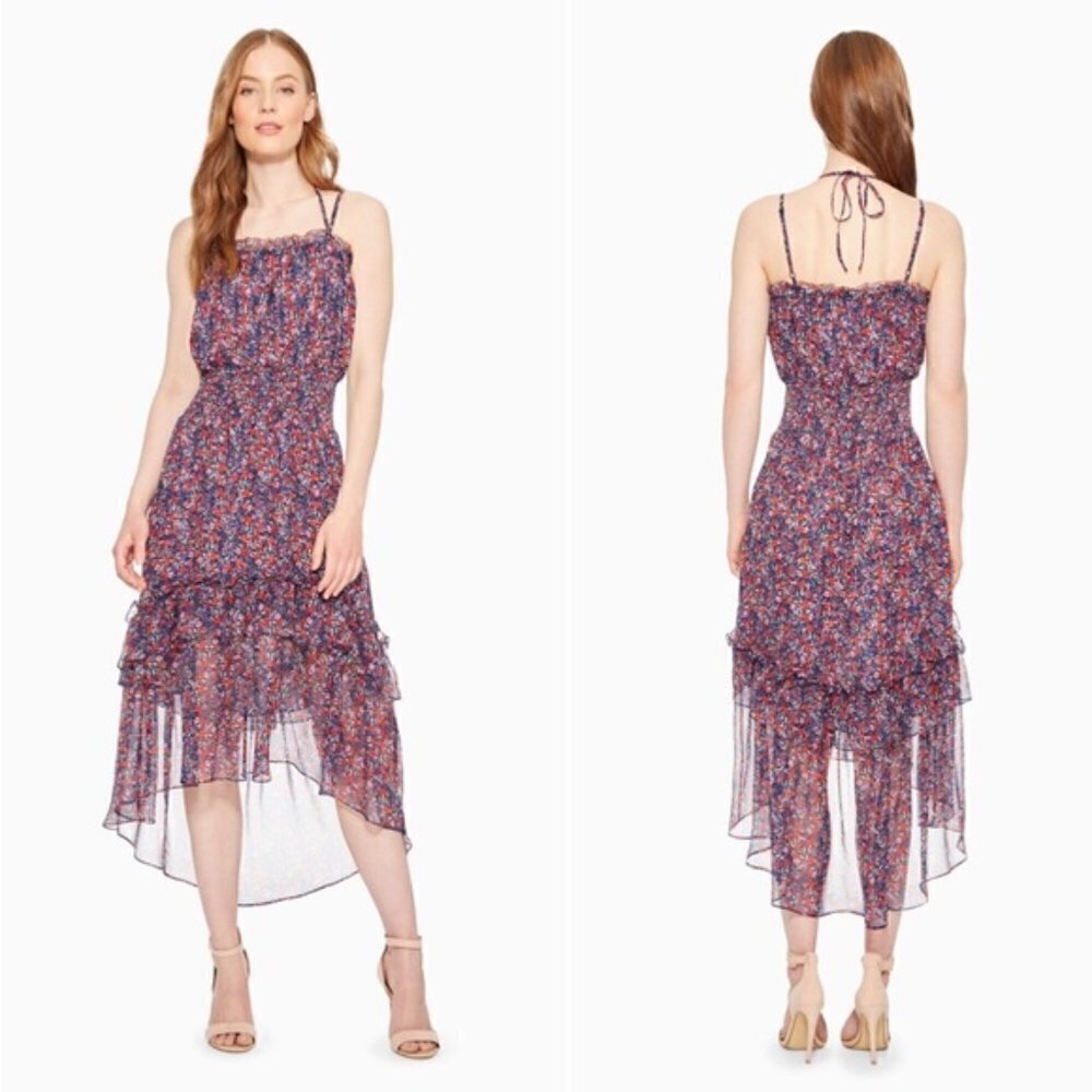 Parker Amethyst Floral Silk Chiffon Purple & Red Floral Midi Dress M